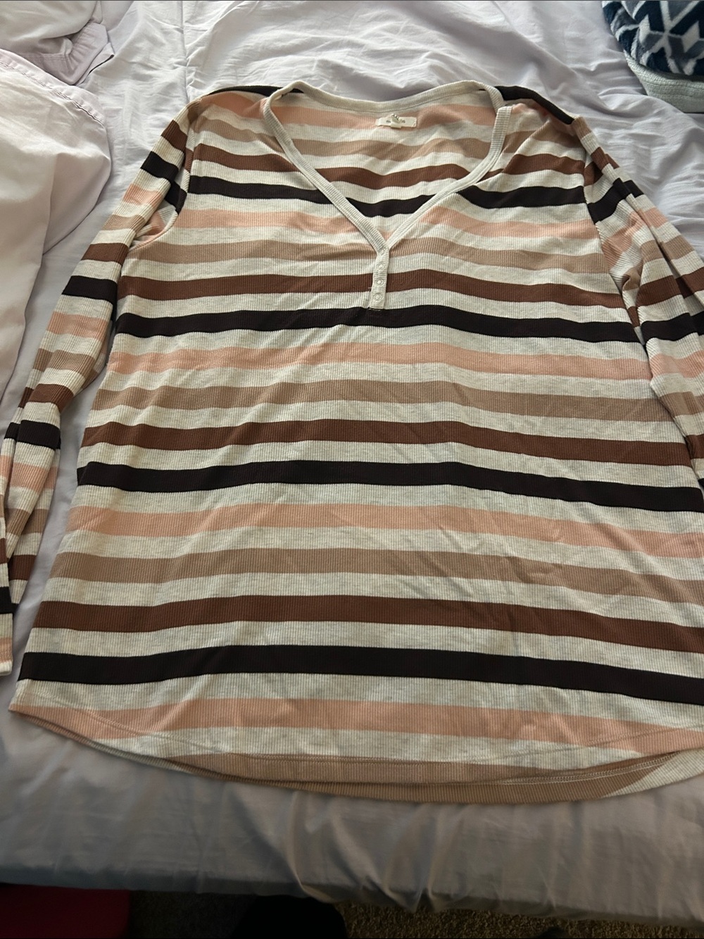 Maurices Striped V-Neck Long Sleeve Top in Pink, Brown & Cream